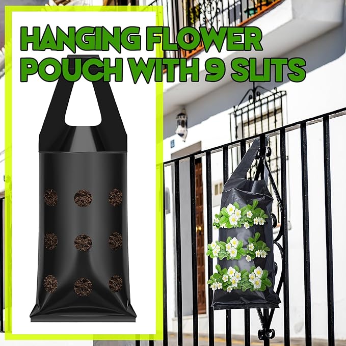 10 Pcs Hanging Flower Pot Bag with 9 Slits Hanging Grow Bags Flower Planting Bag Handle Grow Pouch Planter for Outdoor, Wall, Garden, Plant, Tomato, Strawberry