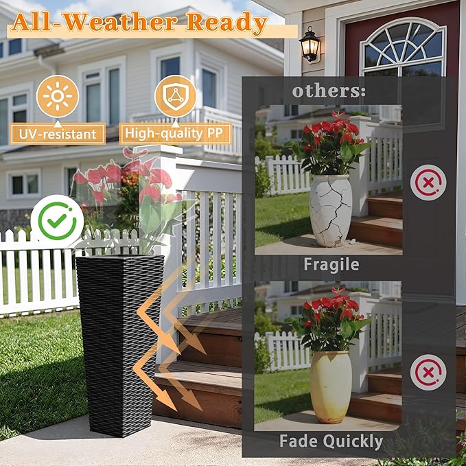 Greesum 24 Inch Tall Plastic Planters with Rattan Texture – Set of 2, Detachable Inner Pot & Drainage Holes, Indoor/Outdoor Decorative Flower Pots for Large Plants, Trees, Patio, and Garden, Black