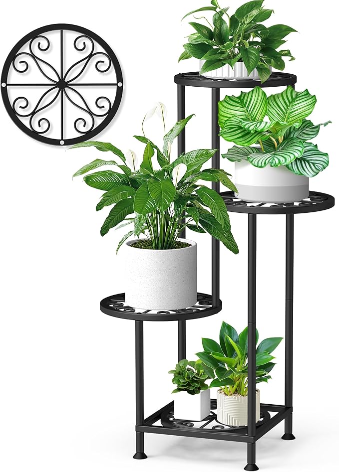 4 Tier Plant Stand Outdoor Indoor, Metal Flower Shelf Display Holder, Multiple Plants Corner Tall Flower Holders for Patio Balcony Porch Garden Living Room (Black)