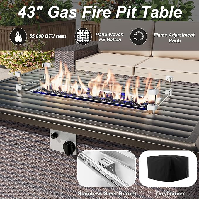 ALAULM 13 Pieces Outdoor Patio Furniture Set with Propane Fire Pit Table Outdoor Sectional Sofa Sets Patio Furniture 43" Gas Fire Pit Brown PE Rattan Patio Conversation Set w/10 Cushions (New Black)