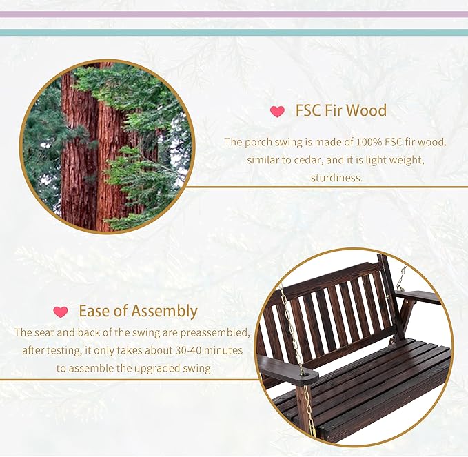 Anraja Wooden Porch Swing 2-Seater, Bench Swing with Hanging Chains, Heavy Duty 800 LBS, for Outdoor Patio Garden Yard, 4 Ft, Brown