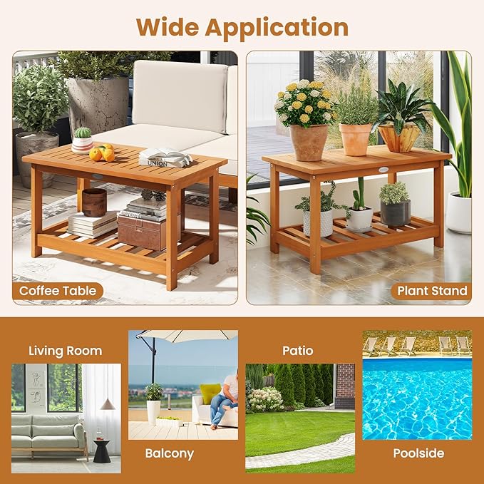 Tangkula Outdoor Acacia Wood Coffee Table, Patio 29.5” Rectangle Slatted 2 Tier Coffee Table with Storage Shelf, for Outside Balcony Patio Poolside