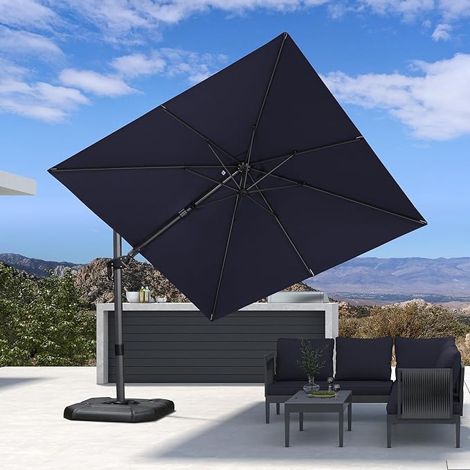 PURPLE LEAF 9' X 12' Right-left Tilt Patio Umbrella with Base Outdoor Cantilever Swivel Rectangle Umbrella Aluminum Offset Umbrella with 360-degree Rotation for Garden Deck Pool Patio Navy