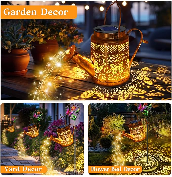 2 Pack Solar Powered Butterfly Watering Can Lights Waterproof Outdoor Decor with Shepherd Hook Hanging Patio Lights for Yard, Garden, Backyard Perfect Gardening Christmas Gift for Women, Mom, Grandma