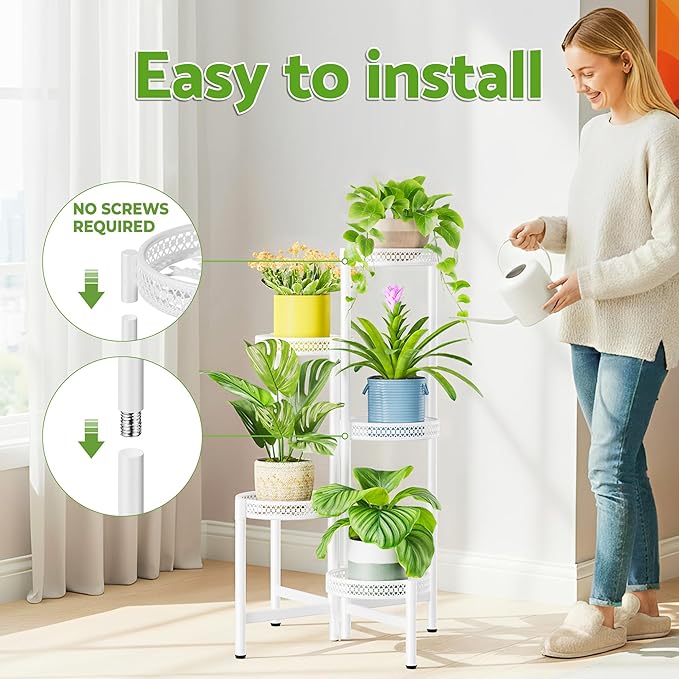 Metal Plant Stand Indoor Outdoor, 5 Tier Tall Flower Pot Holder Potted Display Rack Shelf, Heavy Duty Corner Plant Shelf for Patio Garden Balcony Living Room Bedroom - WhiteWave
