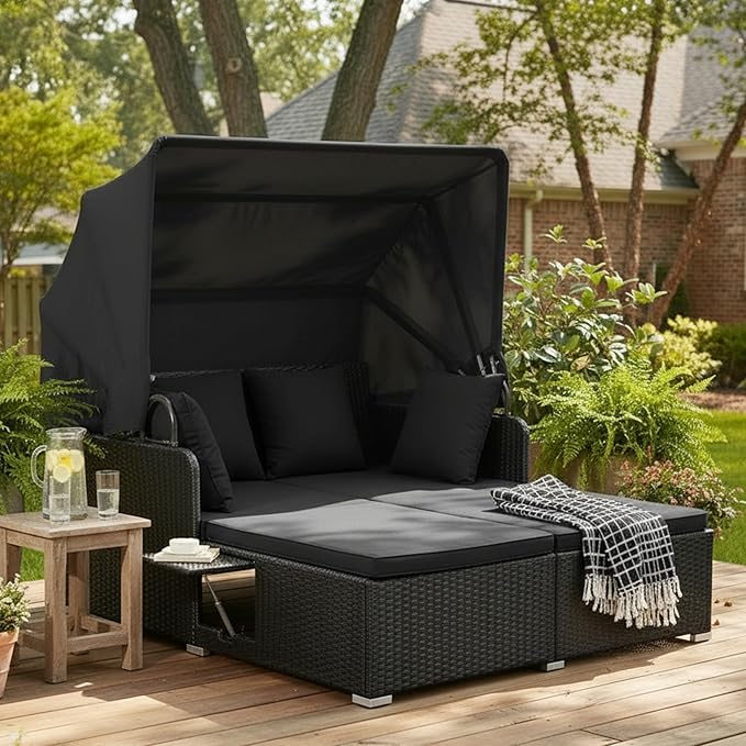 Tangkula Patio Rattan Daybed with Retractable Canopy, Outdoor Wicker Sunbed Lounger with 2 Foldable Side Tables, Thick Seat & Back Cushions, Outside Double Daybed for Garden, Backyard, Porch (Black)