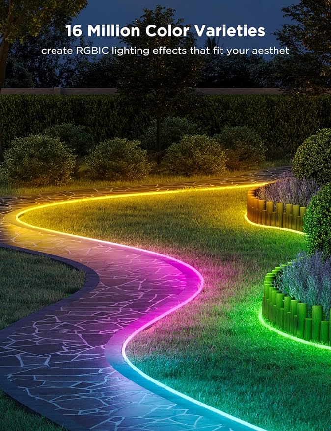 Govee Outdoor Neon Rope Lights, 65.6ft RGBIC IP67 Waterproof Outdoor Decorations with 64 Scene Modes, Music Sync, Flexible LED Lights, Neon Lights Work with Alexa, Google Assistant