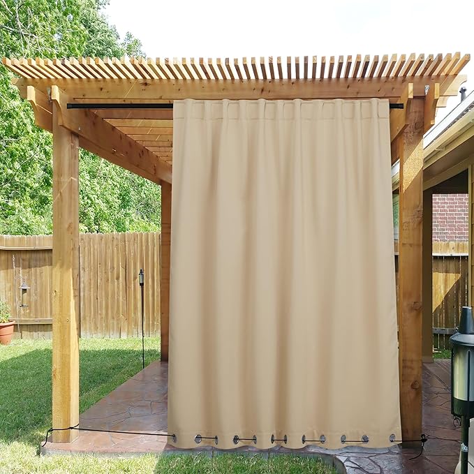 NICETOWN 2 Panels Outdoor Curtains for Patio Waterproof & Windproof, Thermal Insulated Top & Bottom Grommet & Back Tab Light Block Outdoor Drapes with Bouns Rope for Fixed, Beige, W84 x L84