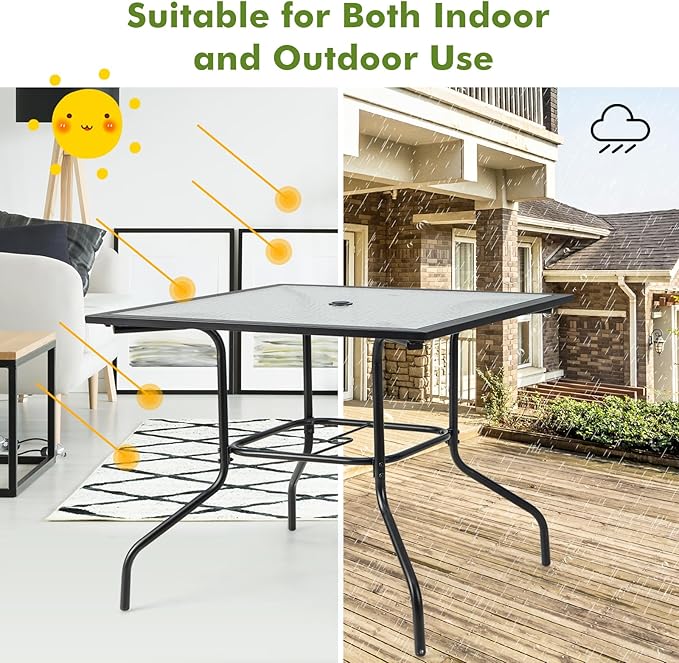 Tangkula 35 Inch Patio Dining Table with Tempered Glass Top, Square 4-Person Outdoor Bistro Table with 1.5" Umbrella Hole & Sturdy Metal Frame, Patio Dining Table for Backyard, Lawn, Deck & Poolside