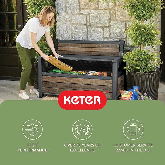 Keter Signature 60 Gallon Storage Bench Deck Box for Patio Furniture, Front Porch Decor and Outdoor Seating – Perfect to Store Garden Tools, Walnut
