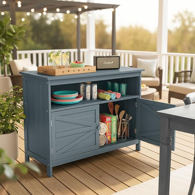 HIPS All-Weather Outdoor Storage Cabinet,Outdoor Sideboard with Magnetic Doors,3-Shelves Patio Storage Cabinet, Used for Garden,Buffet Cabinet,TV Stand, Bar Table,Balcony