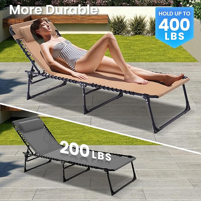 Folding Chaise Lounge Chair - 400lb Capacity, 5-Position Adjustable Recliner with Pillow | Portable for Patio, Pool, Camping & Sunbathing (Beige)