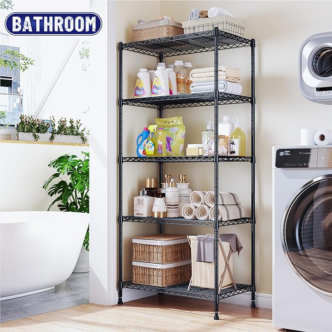 5-Tier Shelf 1010LBS Storage Shelves Adjustable Wire Shelving Metal Shelving Unit Storage Rack for Kitchen Pantry Closet Laundry School Commercial 59.4" Hx21.5 W x13.6 D