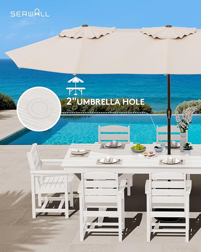 SERWALL 9 Piece Outdoor Dining Set, 84" HDPE Outdoor Table and Chairs for 8，All Weather Patio Furniture Set with Umbrella Hole for Backyard, Garden, White