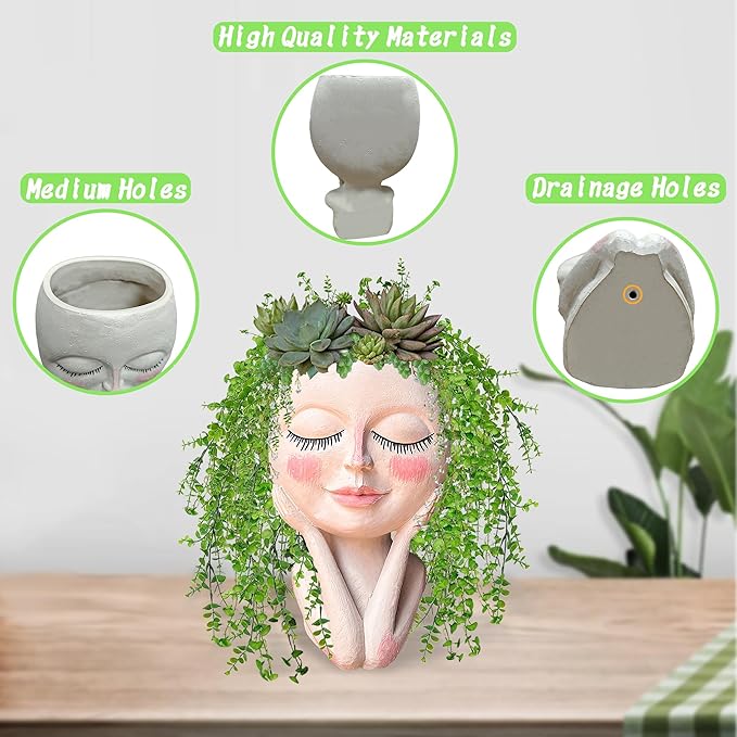 Head Planter Pot for Plants - Face Flower Pots Indoor Outdoor, Cute Succulent Head Planter, Creative Plant Pots With Drainage, Resin Cactus Planter Coffee Table Decor, Women/Mother Vase Gifts Ideas