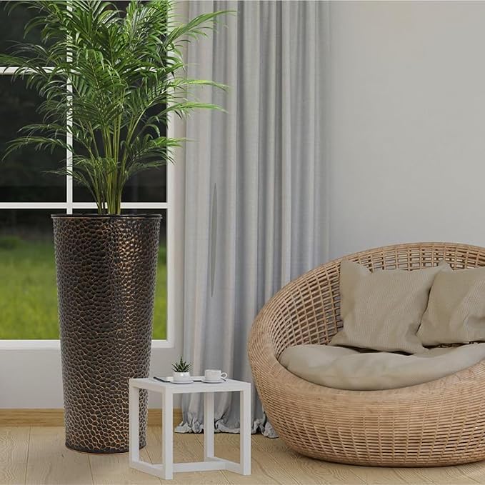 Worth 2 Pack 25" Tall Narrow Metal Planter with Inside Pot for Indoors or Outdoors, Deck, Patio or Front Porch, Hand-Hammered Texture, Bronze