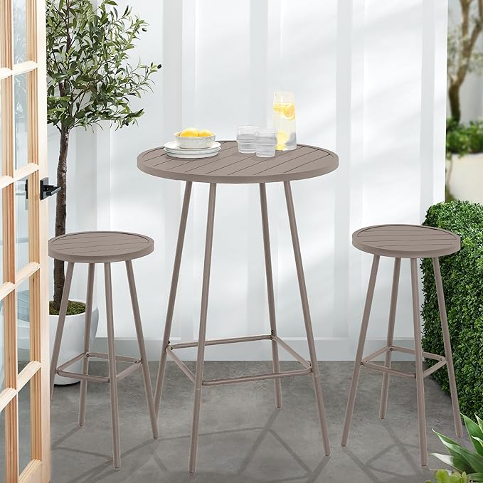 Best Choice Products 3-Piece Patio Dining Set, Bar Height, Outdoor Bistro Set, Outdoor Round Bar Table w/ 2 Bar Stools, Steel - Taupe