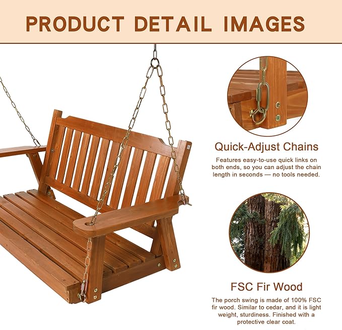 Wooden Porch Swing 2-Seater, Bench Swing with Hanging Chains, Heavy Duty 800 LBS, for Outdoor Patio Garden Yard, 4 Ft, Brown