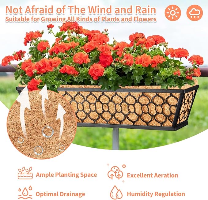 Riare 4 Pack 23 Inch Window Boxes Planters with Coco Liner, Metal Deck Railing Planter Boxes, Balcony Planters Railing Hanging, Horse Trough Window Flower Planter Boxes for Outdoor Porch Fence Patio