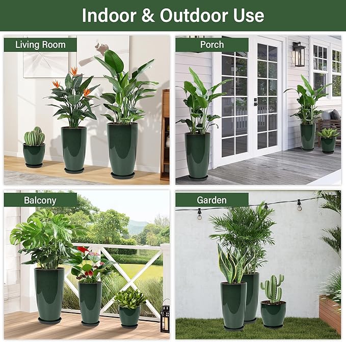 24/21/12 Inch Large Plastic Planter, Lightweight Ceramic-Look Tall Planters with Drain Hole & Saucers, Tall Plastic Planters for Porch, Garden, Patio, Balcony(Dark Green)