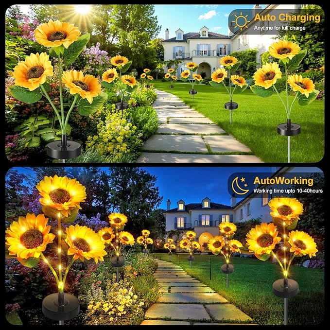 Upgraded Solar Sunflower Lights, 2 Pack Solar Garden Lights with Bigger Round Panel, 40-Hour Runtime for Indoor & Outdoor Decor, Waterproof for Patio Yard Garden