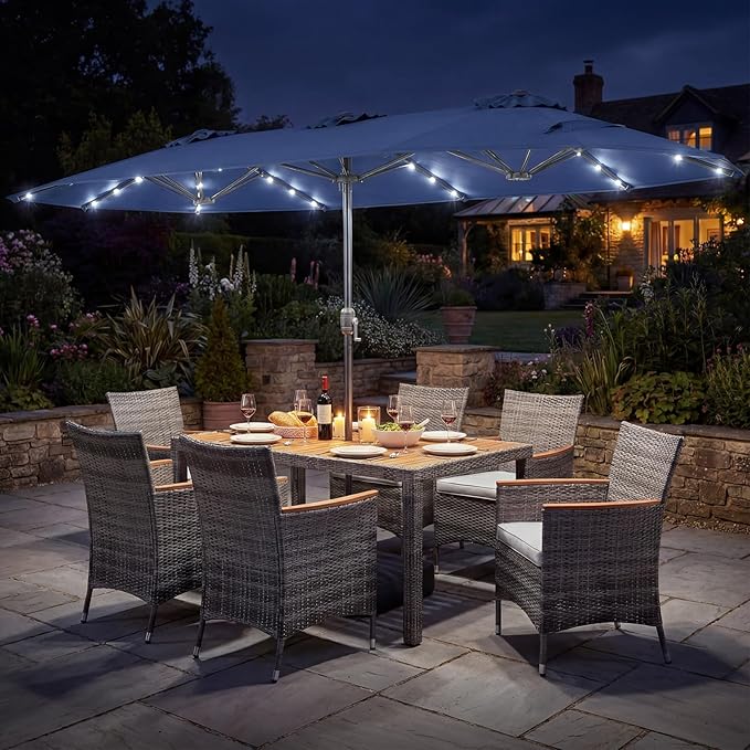 Tangkula 9 Pieces Rattan Outdoor Dining Set with 13Ft Solar Patio Umbrella for 6, Outdoor Wicker Table Set with 8 Cushioned Chairs, Acacia Wood Top, Outdoor Umbrella with Base Included