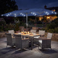 Tangkula 9 Pieces Rattan Outdoor Dining Set with 13Ft Solar Patio Umbrella for 6, Outdoor Wicker Table Set with 8 Cushioned Chairs, Acacia Wood Top, Outdoor Umbrella with Base Included