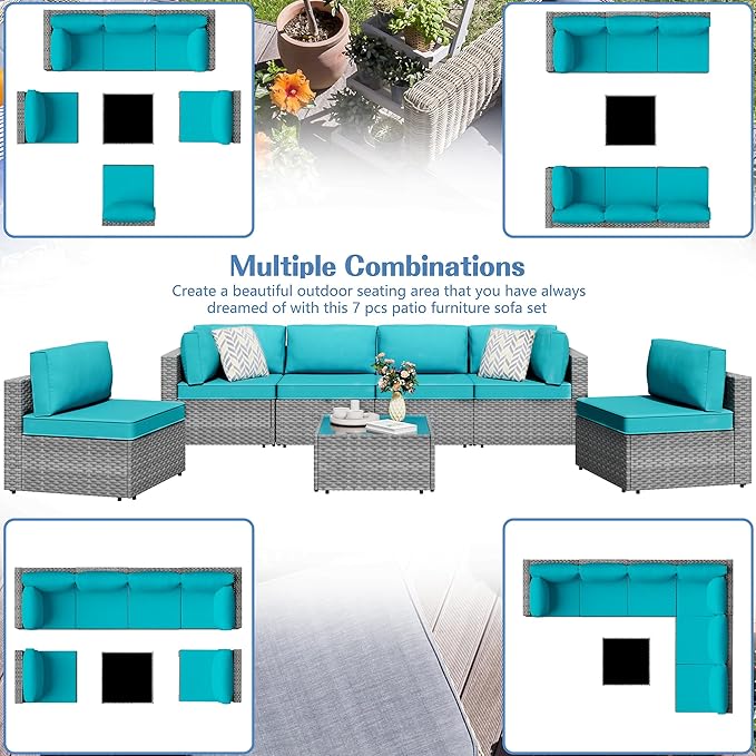Shintenchi 7 Pieces Outdoor Patio Furniture Sets, Patio Sectional Sofa Couch, Silver Gray PE Wicker Furniture Modular Patio Conversation Sets Patio Sofa with Washable Cushions & Coffee Table (Blue)
