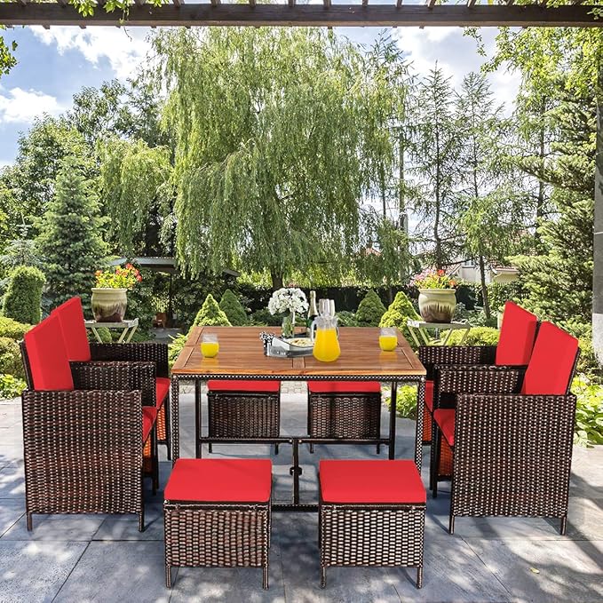 Tangkula 9 Pieces Acacia Wood Patio Dining Set, Space Saving Wicker Chairs and Wood Table with Umbrella Hole Outdoor Furniture Set, Suitable for Garden, Yard, Poolside, Outdoor Seating Set