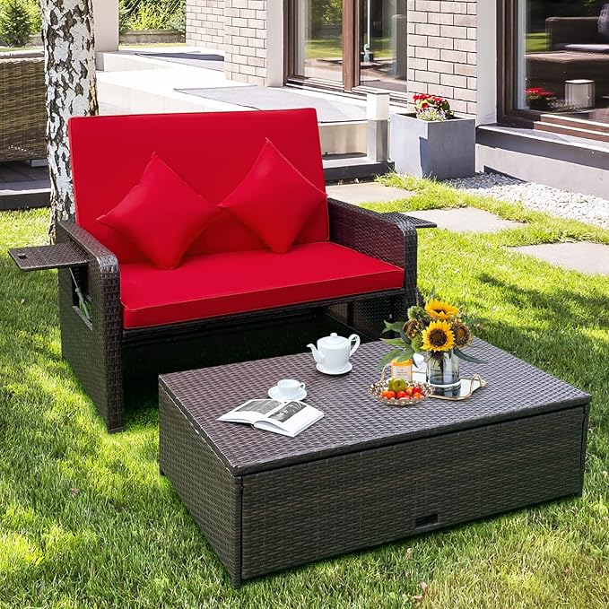 Tangkula Patio Rattan Daybed with 4-Level Adjustable Backrest, Outdoor PE Wicker Loveseat with Storage Ottoman & Folding Side Tray, Double Sunbed Lounger for Balcony, Backyard & Poolside, Red & Brown