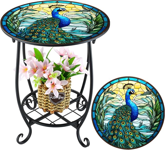 Outdoor Side Table Round Small Mosaic Patio Accent Indoor End Plant Coffee Tea Table for Yard Patio Porch Garden Living Room, Bedroom(Peacock Style,14 Inch)