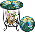 Outdoor Side Table Round Small Mosaic Patio Accent Indoor End Plant Coffee Tea Table for Yard Patio Porch Garden Living Room, Bedroom(Peacock Style,14 Inch)
