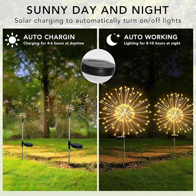 FOOING 6 Pcs Solar Garden Lights Solar Firework Lights, 200 LED String Light 2 Modes Twinkling Nightlight for Outside, Wedding, Party,Patio Home Deceration (Warm White)