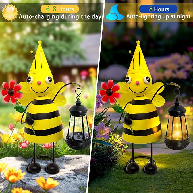 Garden Decor Bee Solar Statues,Unique Garden Statues Bee with Solar Lantern Waterproof, Birthday Gifts for Women Mom Grandma, Front Patio Balcony Yard Art Lawn Ornaments Porch Outdoor Decoration