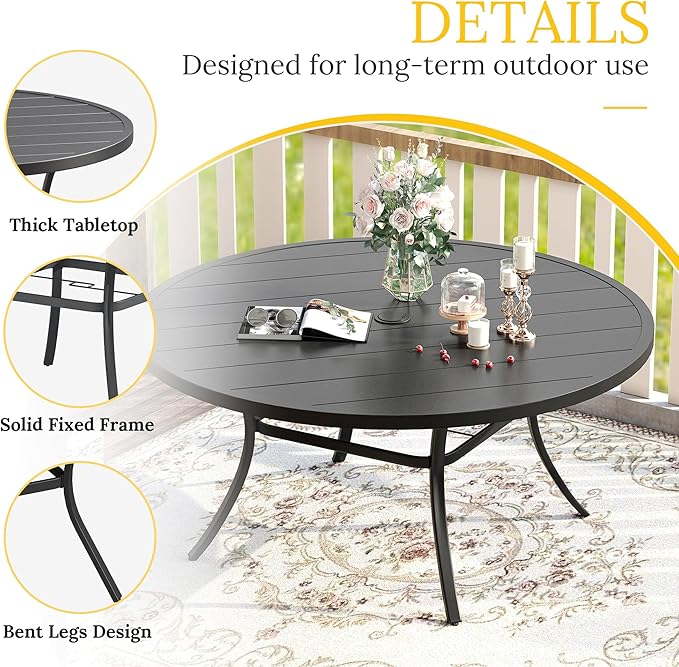 VICLLAX 63" Outdoor Round Patio Table with Umbrella Hole, All Weather Metal Round Outdoor Dining Table for Lawn Garden, 8-10 Person Table, Black