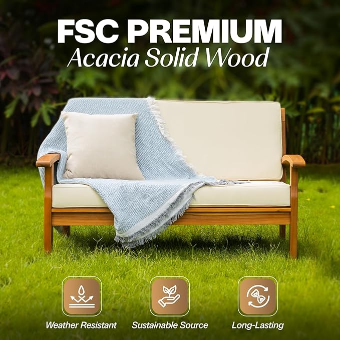 Idzo Laurent 800lbs Capacity Acacia Outdoor Loveseat, FSC Certified 2 Seater Patio Sofa with 3.9in Thick Cushions, Teak Finish Porch Couch for Garden Backyard