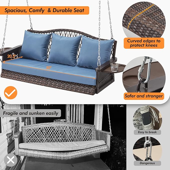 Upgraded Wicker Hanging Porch Swing Heavy Duty 900 LBS 3-Seat Outdoor Patio Swing Chair Bench for Adult w/ 8.9ft Hanging Chains Cushions and Cup Holder