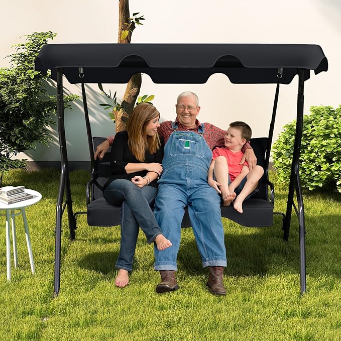 Tangkula 3 Person Porch Swing, Patio Swing with Removable Cushion & Powder-Coated Steel Frame, Outdoor Swing with Canopy for Porch, Backyard, Garden, Balcony (Black)