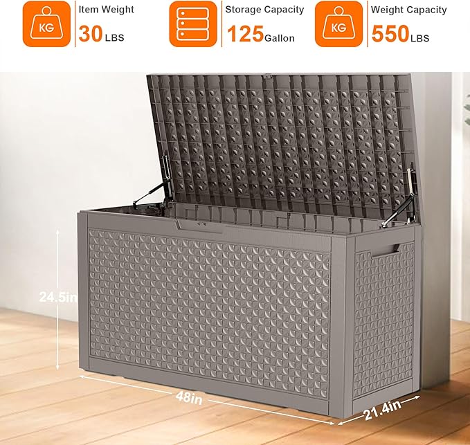 ROJIK Outdoor Storage Housing Deck Box - Waterproof Patio Furniture, Garden Tools, Cushions, Pool Accessories Storage Bench with Lockable Lid and Side Handles (Grey,125 Gal)