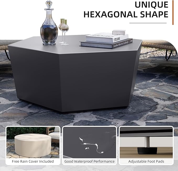 UPHA Outdoor Hexagon Coffee Table, Small Modern Minimalist Accent Tables, Low Light Concrete Center Table for Living Room, Outside Patio, Deck, 35×30.7×15, Dark Gray