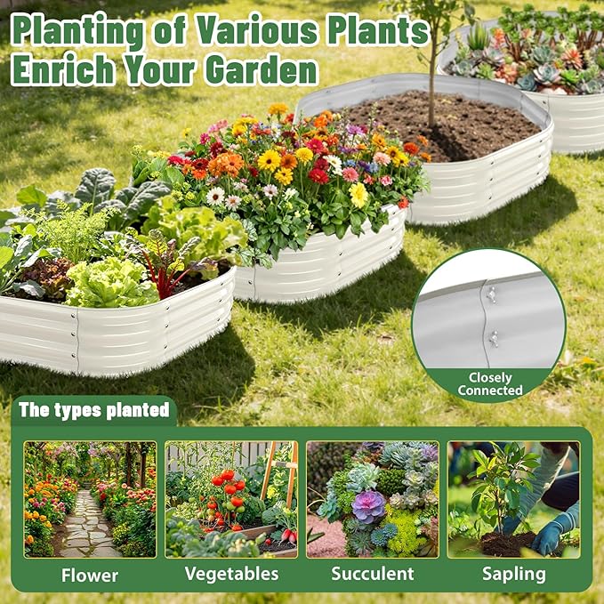 Hexagon Raised Garden Bed, 48 Inch Diagonal & 12 Inch Tall, Galvanized Steel Planter Box with Wave-Shaped Metal Panels for Outdoor Flower,Tree,Herb & Vegetable Garden (Cream white, 4FT X 1FT)