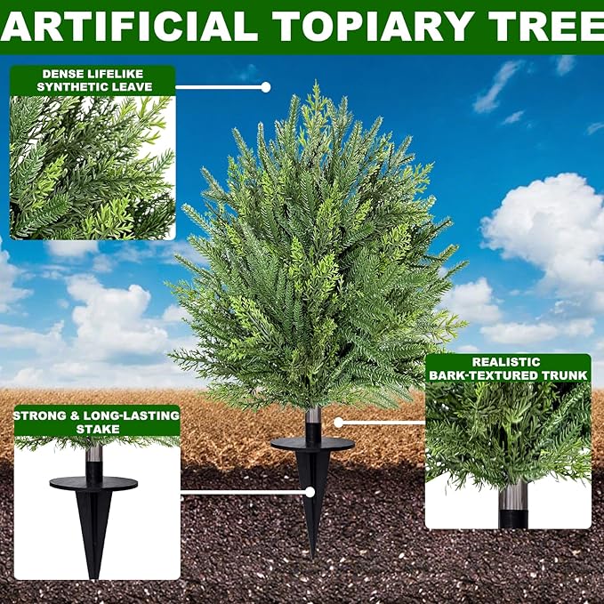 2 Pack Artificial Cypress Topiary Ball Trees with Ground Spike, 24" Norfolk Fake Bushes Shrubs UV Resistant Faux Plants Greenery for Outdoor Planters Garden Front Porch Pot Urn Fillers Spring Decor