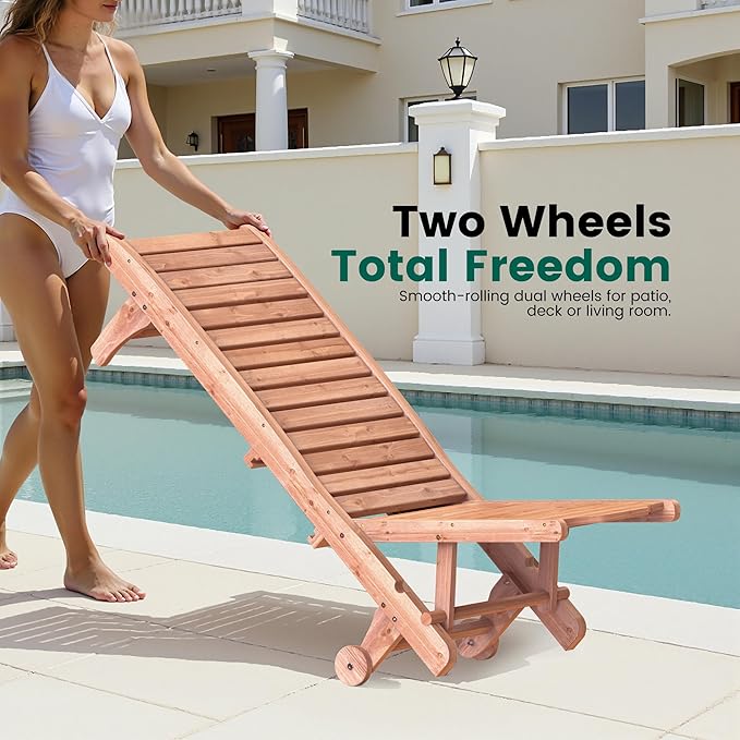 Wooden Chaise Lounge Chair, 3-Position Adjustable Outdoor Tanning Chair with Hidden Side Tray & Wheels, Poolside Patio Sun Chair