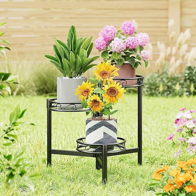 3-Tier Plant Stand Outdoor,Metal Plant Stand for Multiple Plants, Folding Tall Plant Rack Display Shelf for Corner Living Room Porch Patio Garden Office - BalckCircle