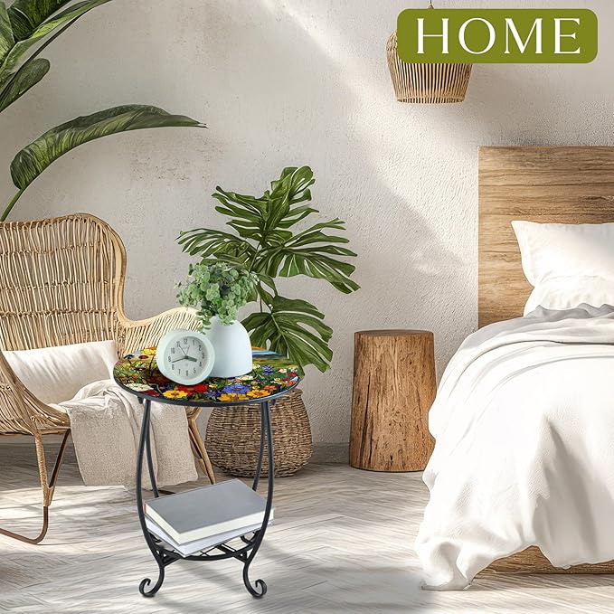 Outdoor Side Table Round Small Mosaic Patio Accent Indoor End Plant Coffee Tea Table for Yard Patio Porch Garden Living Room, Bedroom(Flower Style,14 Inch)