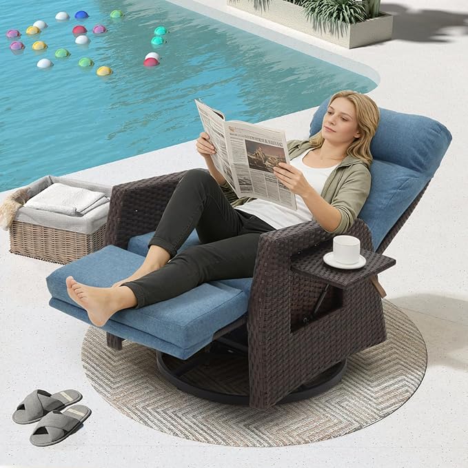Adjustable Outdoor Recliner Chair with Independent Backrest & Footrest, Patio Swivel Recliner Chair, Wicker Reclining Patio Chair w/Flip-Up Table, 155° Lay Flat Chaise Lounge, Blue, 2PCS