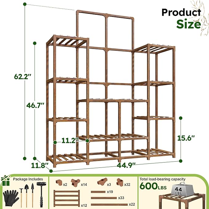 EnHomee Plant Stand Indoor Wood Plant Stand Outdoor Tiered Plant Shelf for Multiple 16-21 Potted Plants for Living Room Patio Balcony Yard Garden 44.9" W x 11.8" D x 62.2" H