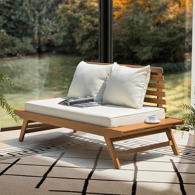 Idzo Lucille Updated 800lbs Capacity Acacia Patio Loveseat, FSC Certified 2 Seater Outdoor Sofa with 3.9in Thick Cushions, Teak Finish Porch Couch for Garden Backyard