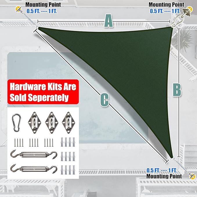 Amgo Custom Size 5' x 5' x 7.1' Green Right Triangle Sun Shade Sail UPF50+ AGTAPRT12, Order to Make Canopy Awning, 95% UV Blockage, Water & Air Permeable, Commercial Standard (We Customize)