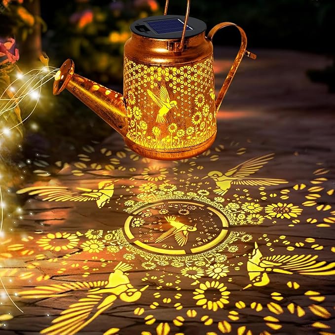 Solar Lanterns Outdoor, Hummingbird Sunflower Watering Can lights, Waterproof Hanging Lanterns, Solar Path Lights, Outside Decoration Gardening Christmas Gifts for Mom Grandma Women with Shepherd Hook